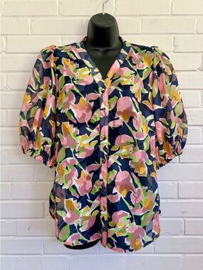 Abbey Glass Floral Puff-Sleeve Button Front Top, SZ M EUC!